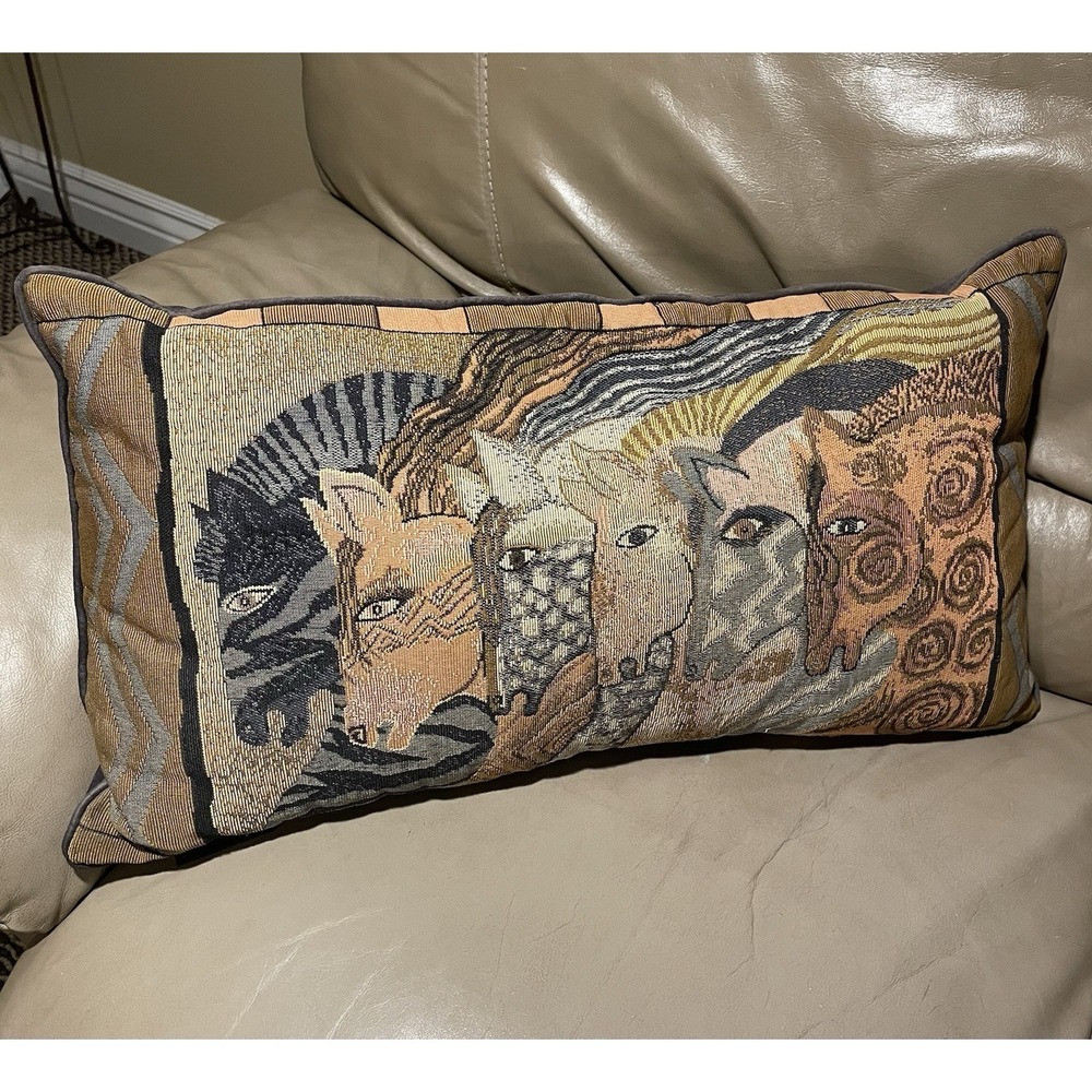 Vtg. Laurel Burch Moroccan Mares Tapestry Throw Pillow Horses 12" x 24" Lodge
